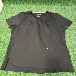 Fabletics Black V Neck Scrub Top Short Sleeve Pleated Detail‎ Women Size L